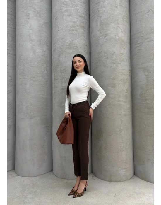 Dar paça kemerli kumaş pantolon kahve pt53