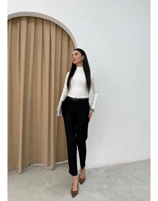 Dar paça kemerli kumaş pantolon siyah pt53