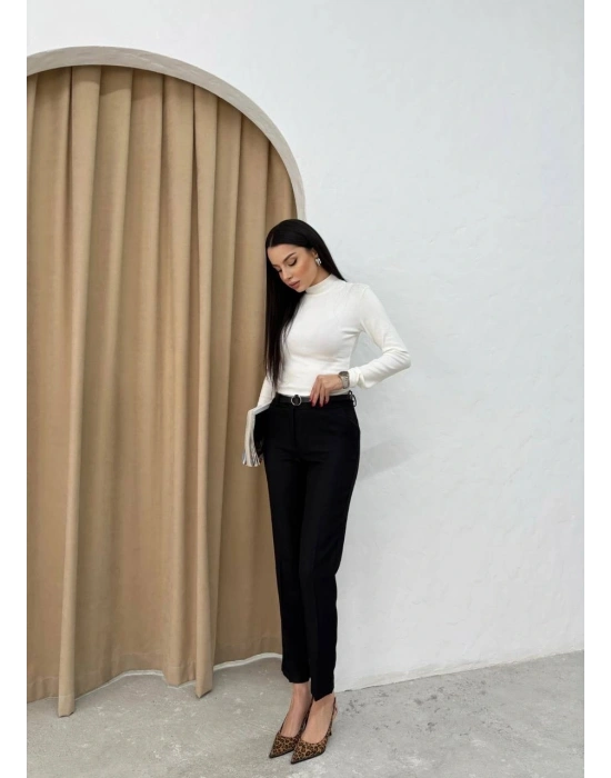 Dar paça kemerli kumaş pantolon siyah pt53