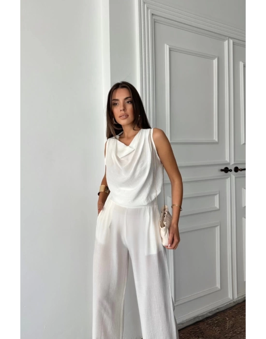 DEGAJE YAKA KOLSUZ BLUZ - PANTOLON TAKIM - Beyaz