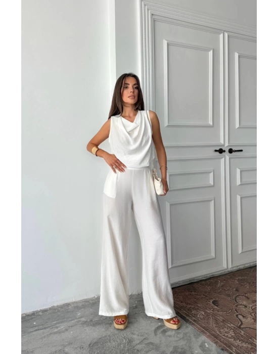 DEGAJE YAKA KOLSUZ BLUZ - PANTOLON TAKIM - Beyaz