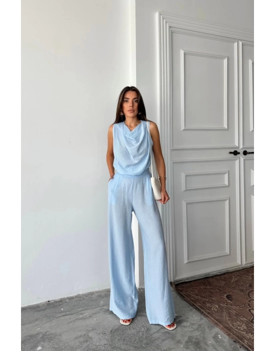 DEGAJE YAKA KOLSUZ BLUZ - PANTOLON TAKIM - Mavi