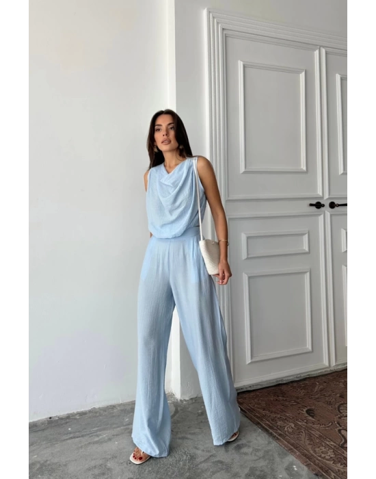 DEGAJE YAKA KOLSUZ BLUZ - PANTOLON TAKIM - Mavi
