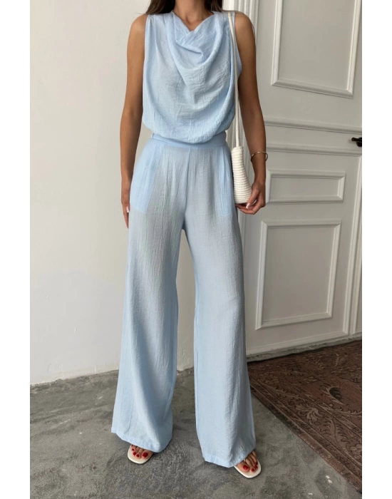 DEGAJE YAKA KOLSUZ BLUZ - PANTOLON TAKIM - Mavi