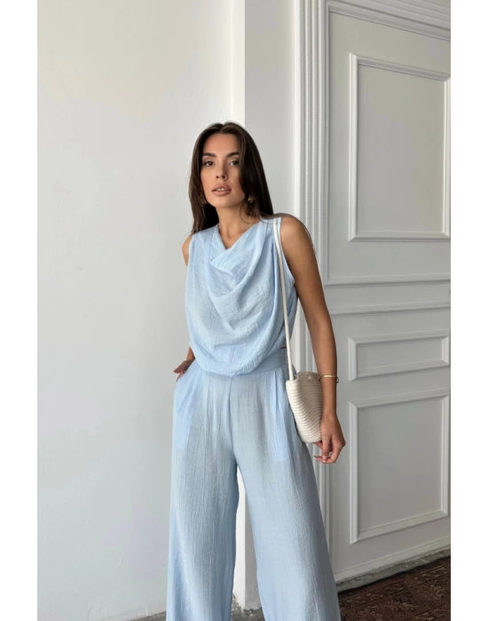 DEGAJE YAKA KOLSUZ BLUZ - PANTOLON TAKIM - Mavi