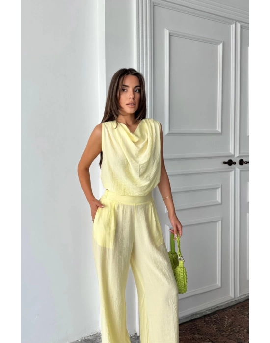 DEGAJE YAKA KOLSUZ BLUZ - PANTOLON TAKIM - Sarı