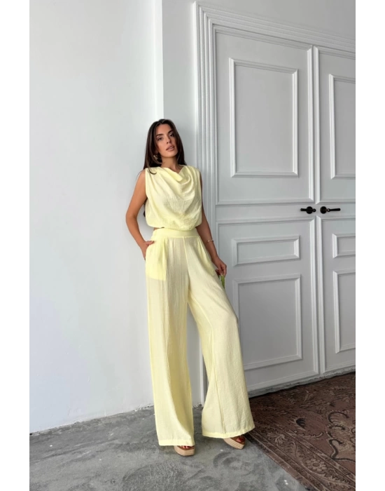 DEGAJE YAKA KOLSUZ BLUZ - PANTOLON TAKIM - Sarı