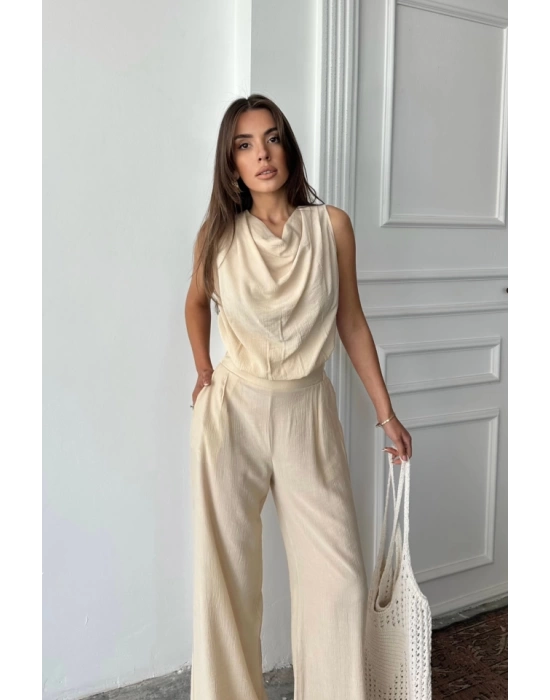 DEGAJE YAKA KOLSUZ BLUZ - PANTOLON TAKIM - Taş