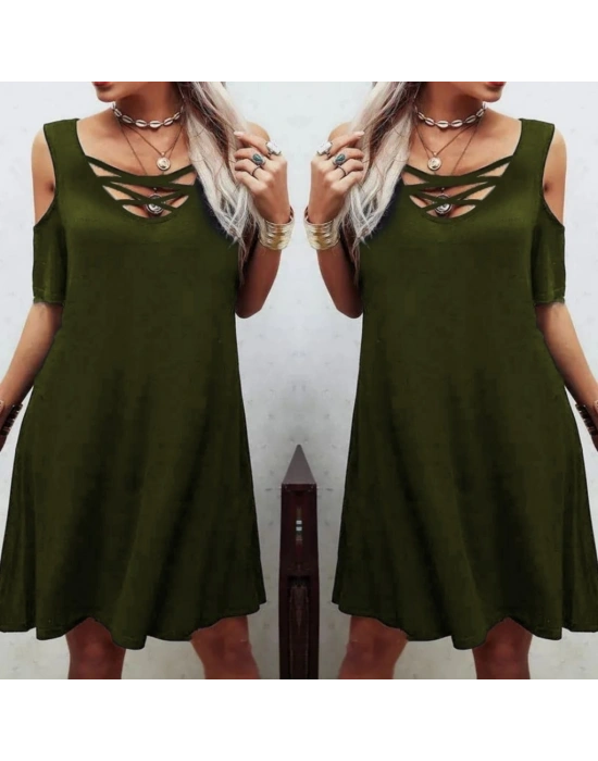 Dekolteli Bağcık Detay Viskon Kumaş Elbise