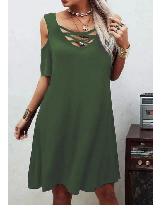 Dekolteli Bağcık Detay Viskon Kumaş Elbise