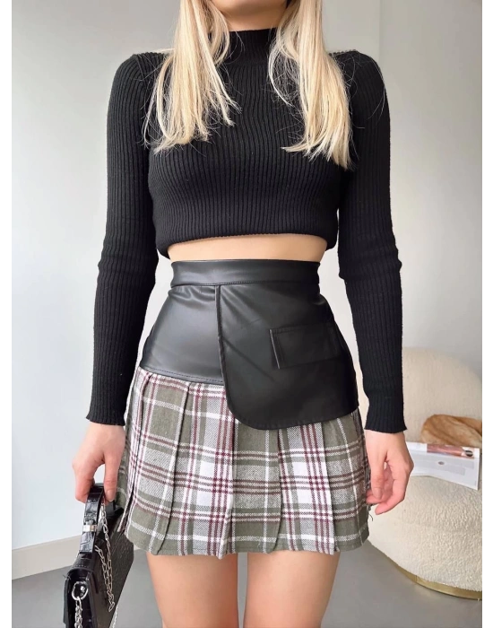 Deri garnili cepli ekose etek siyah s24604
