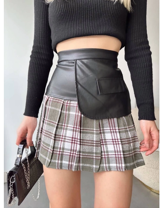 Deri garnili cepli ekose etek siyah s24604