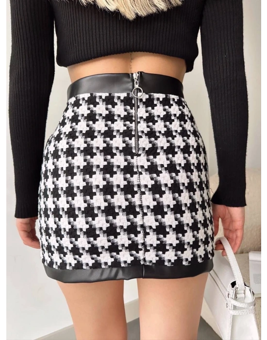 Deri garnili kaz ayağı kaşe etek siyah h24604