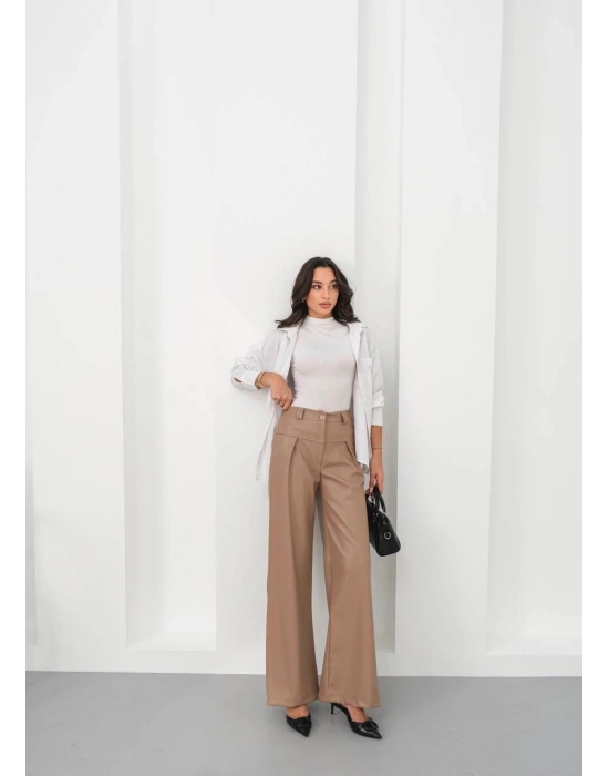 Deri geniş paça beli lastikli pantolon bej h263644