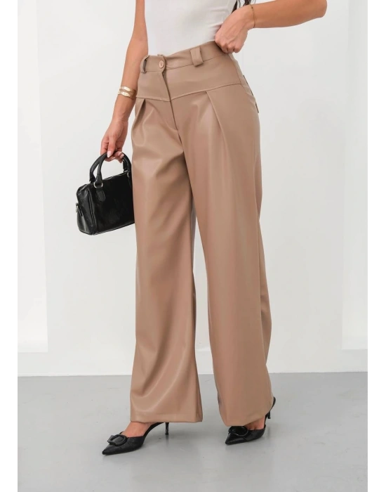 Deri geniş paça beli lastikli pantolon bej h263644