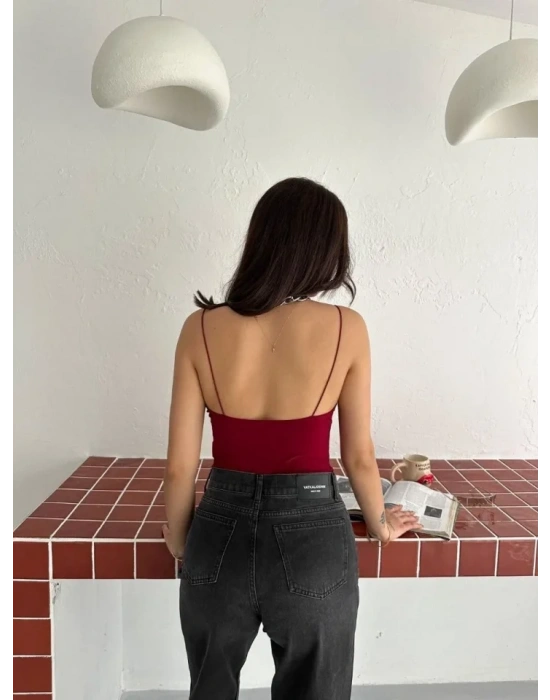 Derin Dekolte Askılı Body Sırt Dekolteli Şık Kolsuz Yazlık Bodysuit - Kırmızı