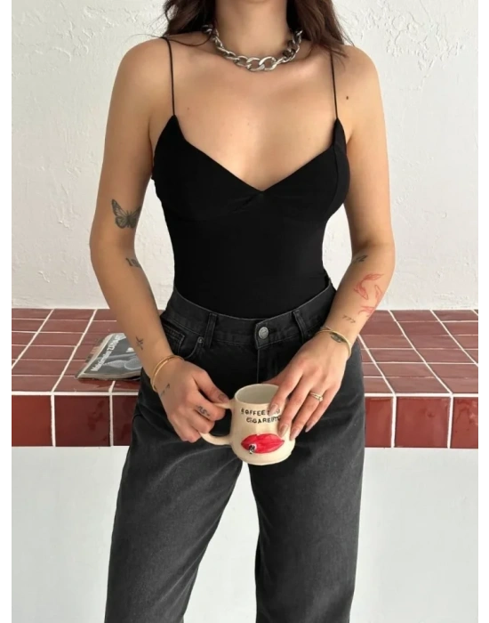 Derin Dekolte Askılı Body Sırt Dekolteli Şık Kolsuz Yazlık Bodysuit - Siyah