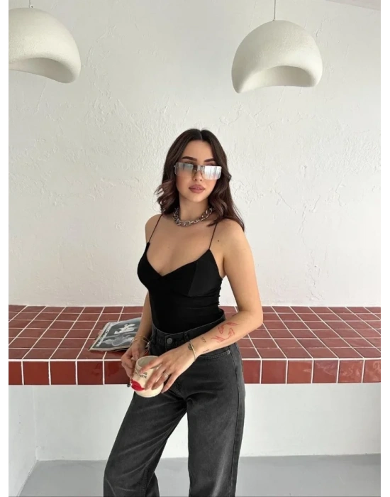 Derin Dekolte Askılı Body Sırt Dekolteli Şık Kolsuz Yazlık Bodysuit - Siyah