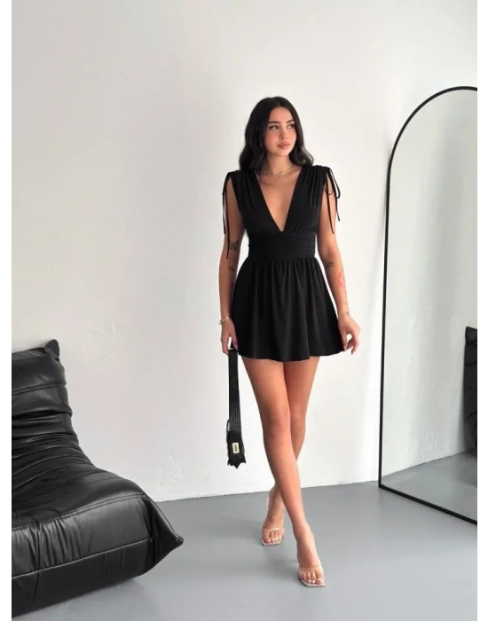 Derin V Yaka Etek Görünümlü Şortlu Elbise Drapeli Mini Yazlık - Siyah