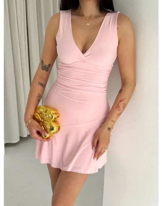 Derin V Yaka Sırt Dekolteli Mini Elbise Drapeli Şık Kolsuz - Pembe