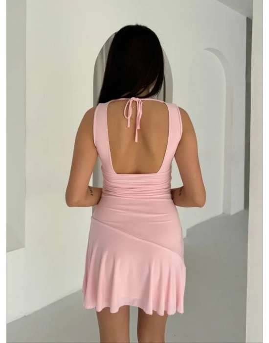 Derin V Yaka Sırt Dekolteli Mini Elbise Drapeli Şık Kolsuz - Pembe