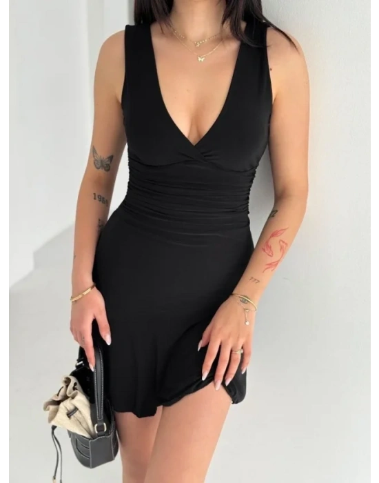 Derin V Yaka Sırt Dekolteli Mini Elbise Drapeli Şık Kolsuz - Siyah