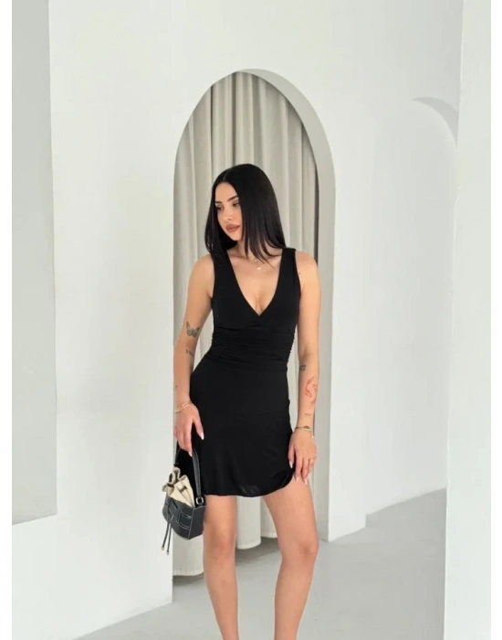 Derin V Yaka Sırt Dekolteli Mini Elbise Drapeli Şık Kolsuz - Siyah