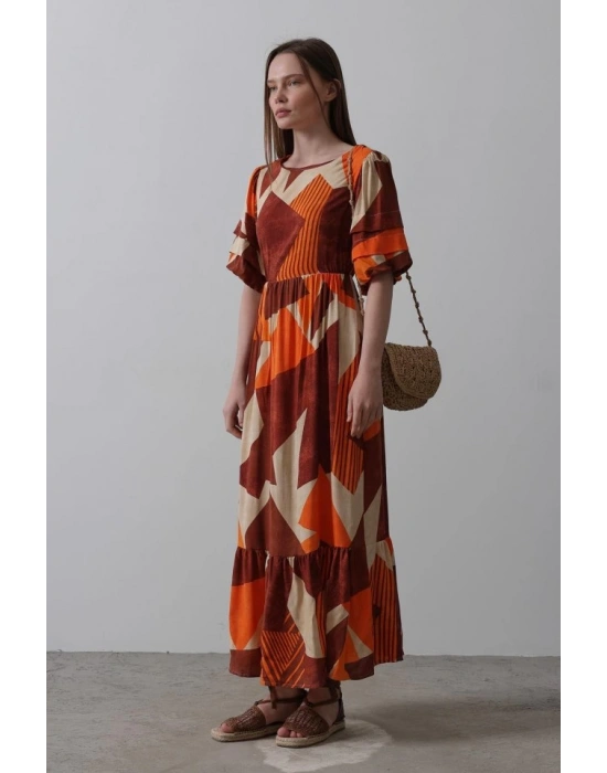 Desenli Balon Kol Kloş Elbise - Kahve