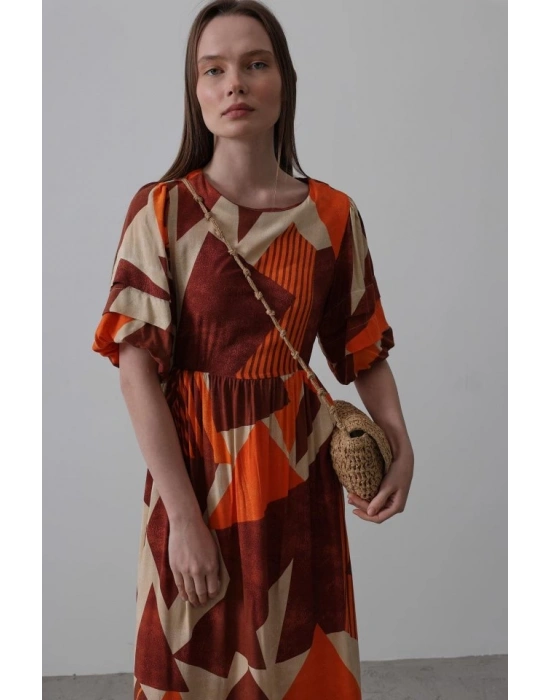 Desenli Balon Kol Kloş Elbise - Kahve