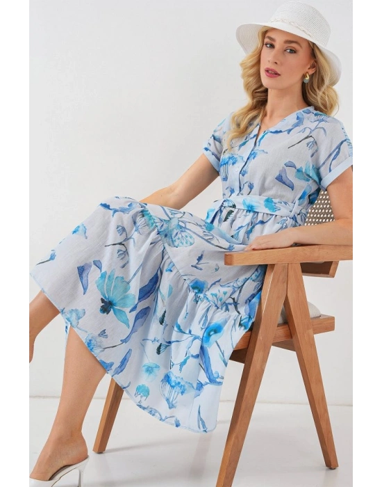 Desenli Kısa Kol Elbise 2558 - Mavi