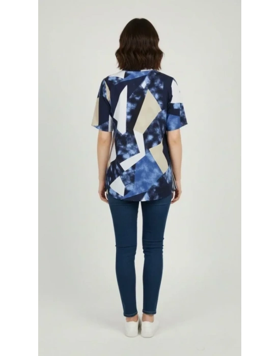 Desenli Püsküllü Viskon Bluz Bebe Yaka Kısa Kollu Big Size Rahat Kesim - Desenli