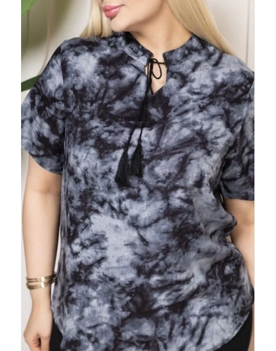 Desenli Püsküllü Viskon Bluz Bebe Yaka Kısa Kollu Big Size Rahat Kesim - Desenli