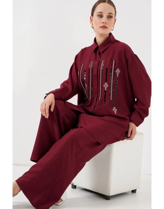 Desenli Tunik Pantolon İkili Takım 6720 - Bordo