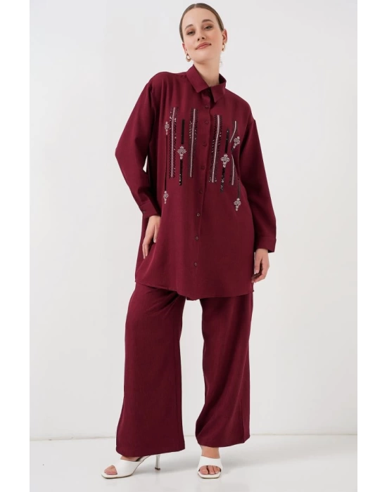 Desenli Tunik Pantolon İkili Takım 6720 - Bordo