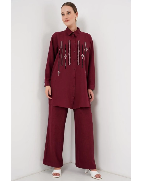 Desenli Tunik Pantolon İkili Takım 6720 - Bordo