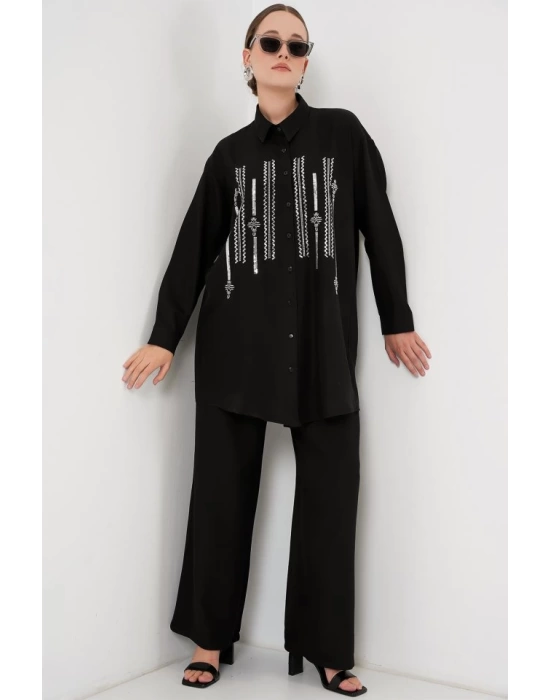 Desenli Tunik Pantolon İkili Takım 6720 - Siyah
