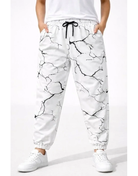 Dijital Baskılı Eşofman Altı Kışlık Üç İplik Şardonlu Kumaş Lastikli Paça, Cepli, Rahat Kalıp - Beyaz