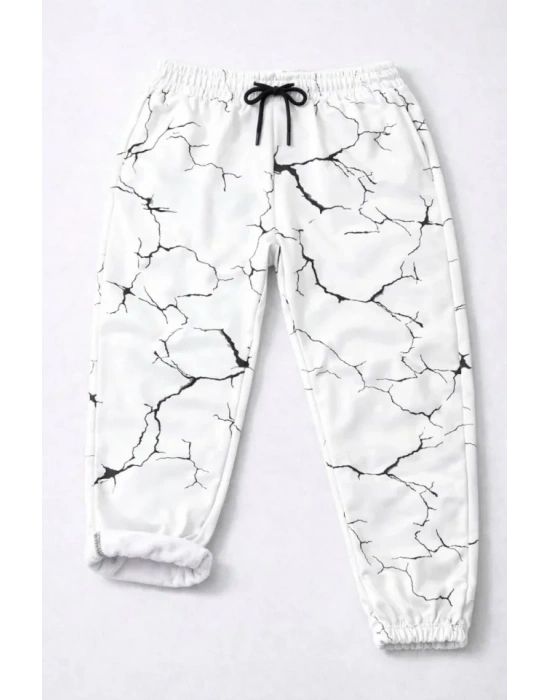 Dijital Baskılı Eşofman Altı Kışlık Üç İplik Şardonlu Kumaş Lastikli Paça, Cepli, Rahat Kalıp - Beyaz