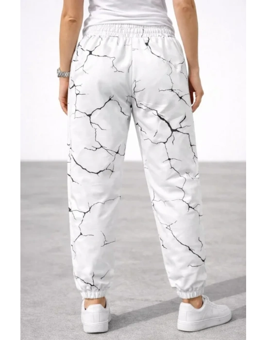 Dijital Baskılı Eşofman Altı Kışlık Üç İplik Şardonlu Kumaş Lastikli Paça, Cepli, Rahat Kalıp - Beyaz