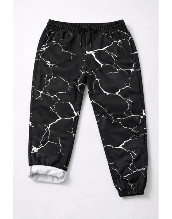 Dijital Baskılı Eşofman Altı Kışlık Üç İplik Şardonlu Kumaş Lastikli Paça, Cepli, Rahat Kalıp - Siyah