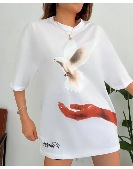 Dijital Baskılı T-Shirt - Beyaz