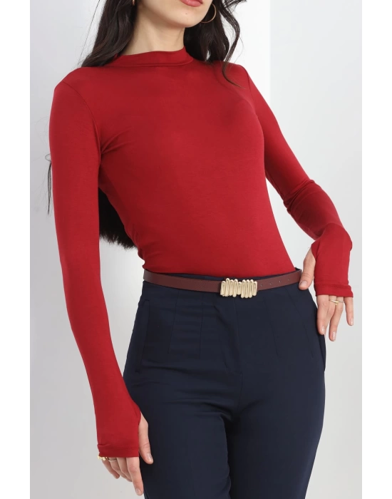 Dik Yaka Parmak Geçmeli Viskon Body Bordo - 40076.599.