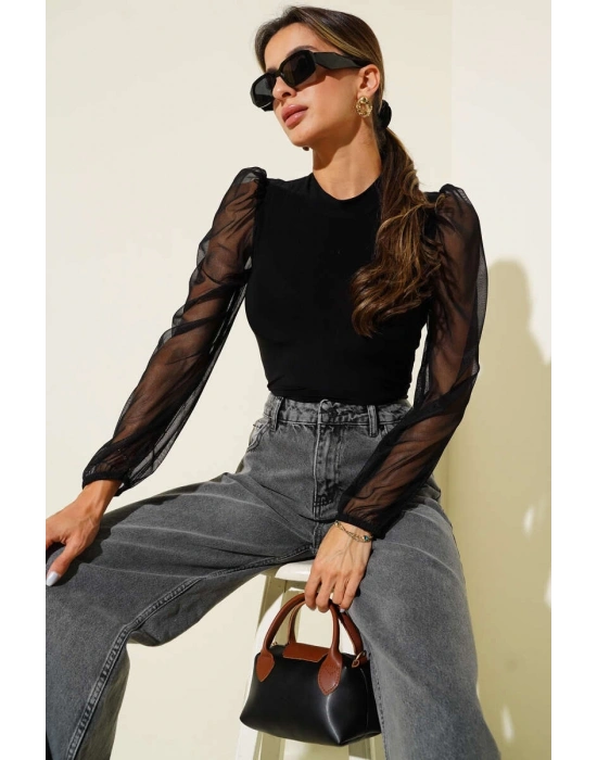 Dik yaka tül kollu bluz siyah t3066