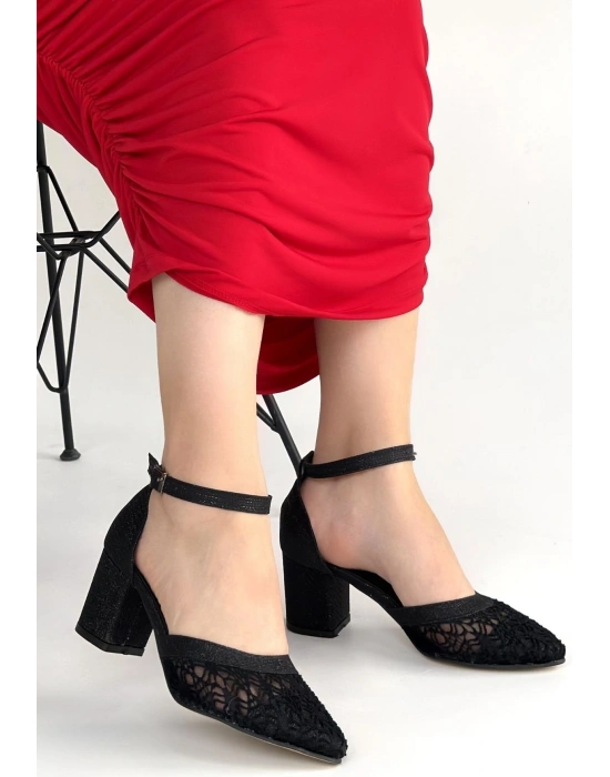 Dmop Siyah Cilt Simli Tül Detaylı Topuklu Ayakkabı
