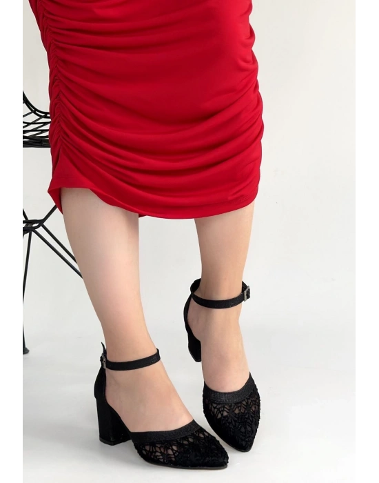 Dmop Siyah Cilt Simli Tül Detaylı Topuklu Ayakkabı