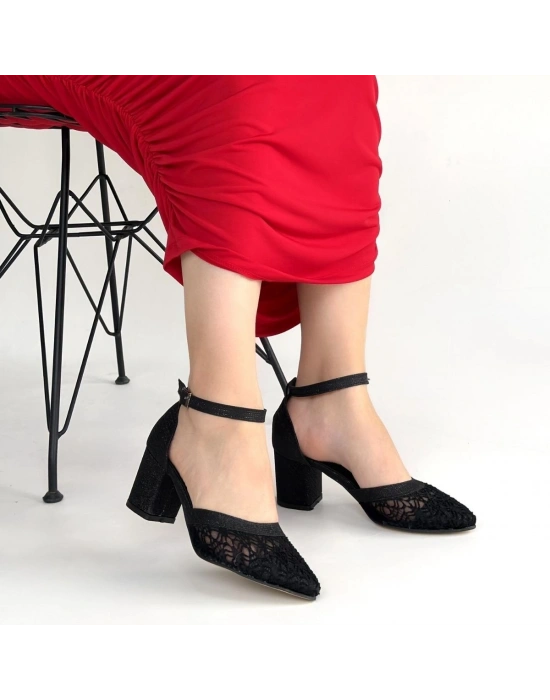 Dmop Siyah Cilt Simli Tül Detaylı Topuklu Ayakkabı