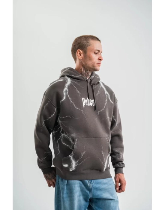Double Oversize Kapşonlu Şimşek Pano Baskılı SweatShirt - Füme