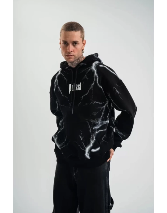 Double Oversize Kapşonlu Şimşek Pano Baskılı SweatShirt - Siyah