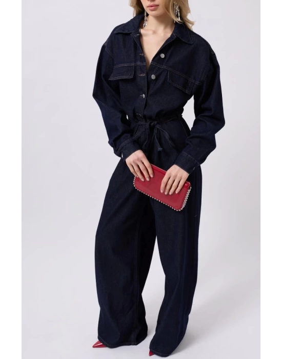 Düğme Detaylı Denim Tulum