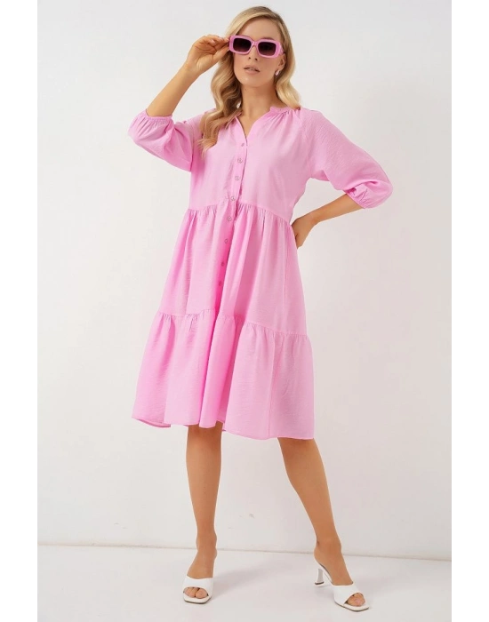 Düğmeli Kısa Kol Elbise 2559 - Pembe